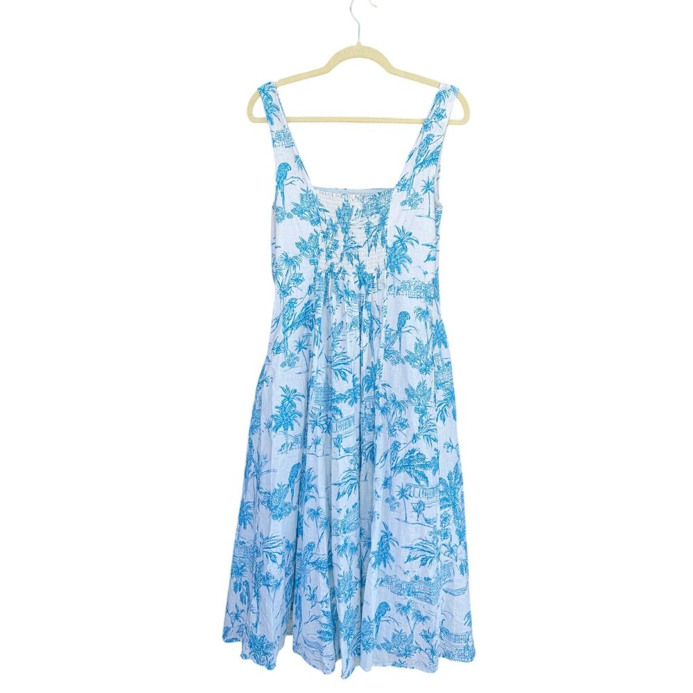 Joie Blue White Palm Tree Print Linen Blend Square Neck Midi Dress - Picture 6 of 9